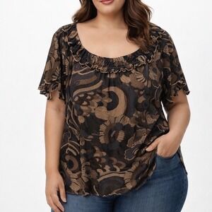 Avenue Stretch Plus Size 30/32 Metallic Floral Paisley Ruffle Flutter Top Brown